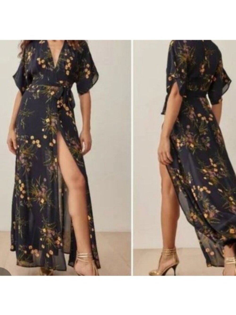 Reformation Winslow Maxi Wrap Dress Navy Yellow Floral Mademoiselle Sz M Poetic - Picture 3 of 11